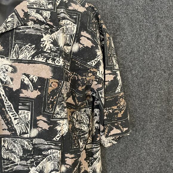 Bobby Chan Silk Hawaiian Shirt Men’s L Black Tan Palm Tree Aloha Friday - Picture 5 of 11